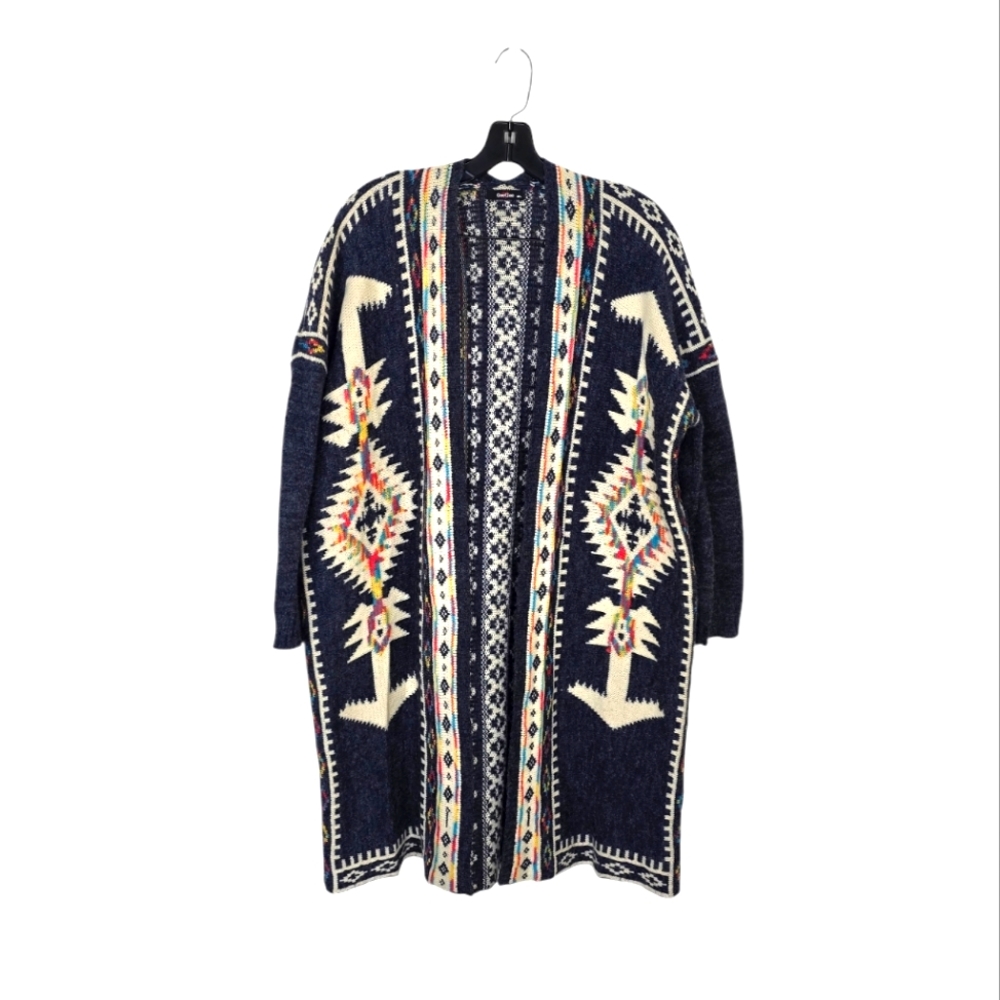 GeeGee Women's Aztec Print Open Long Cardigan‎ Navy Multicolored M/L